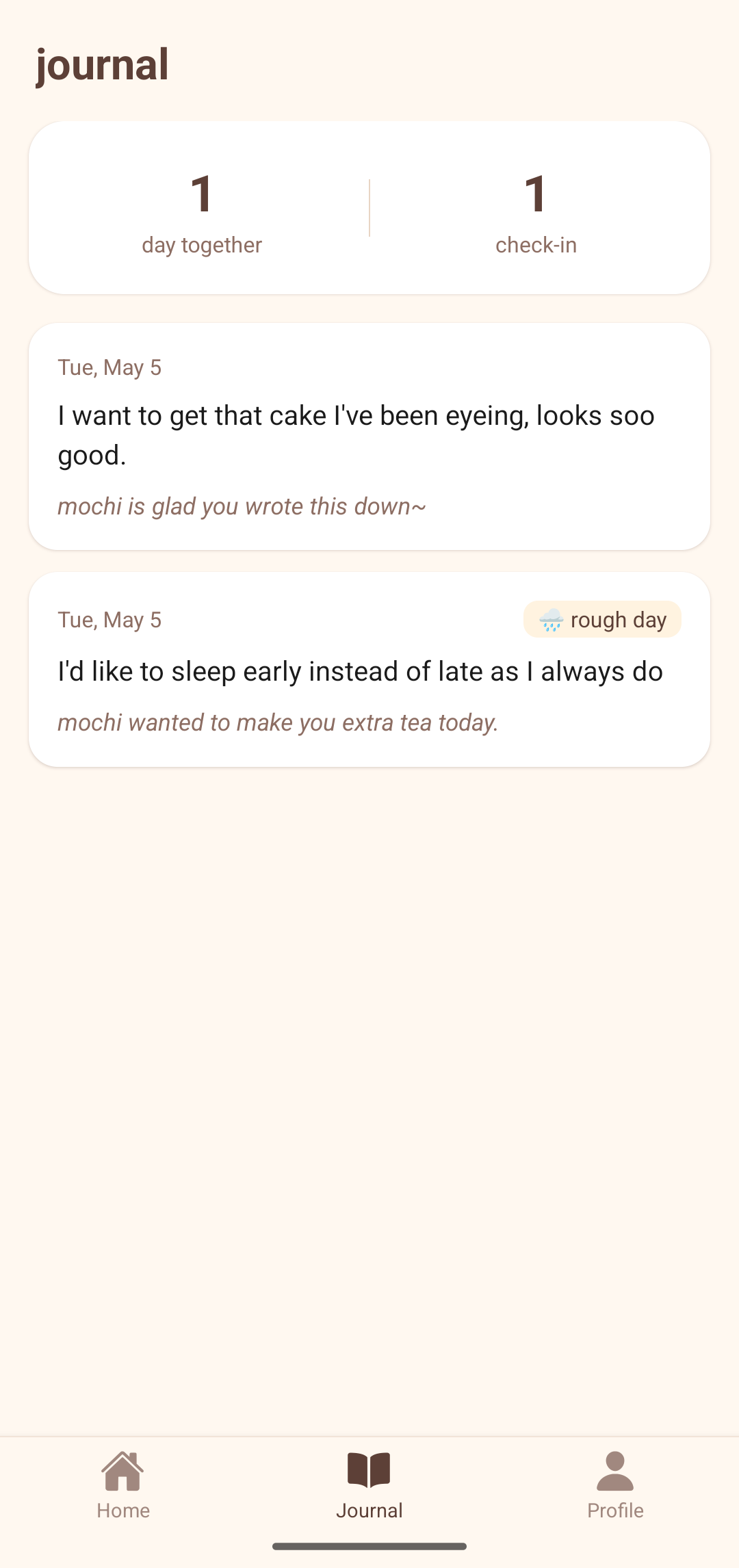 Mochi app journal tab screenshot.
