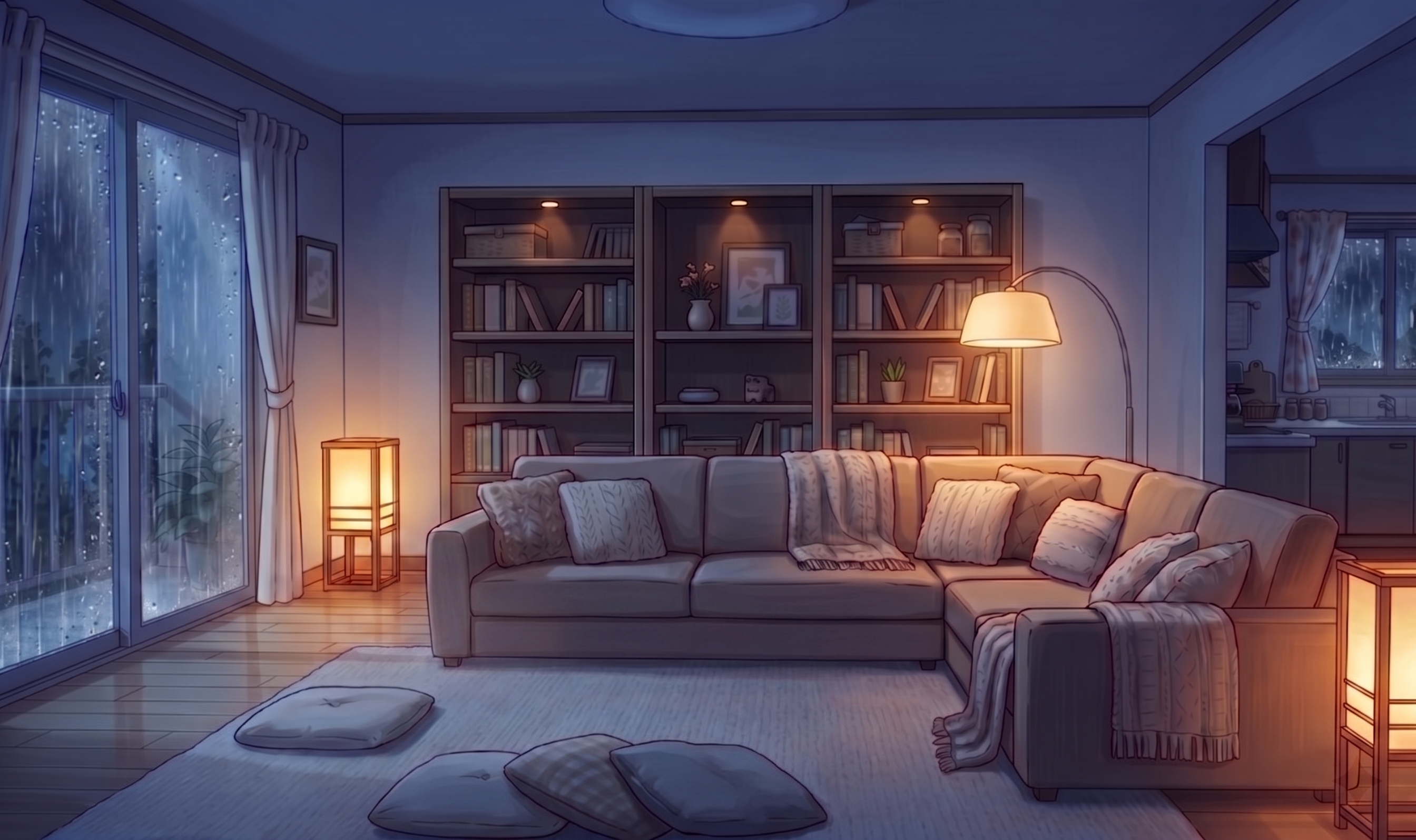 Mochi&rsquo;s living room during a rainy evening.