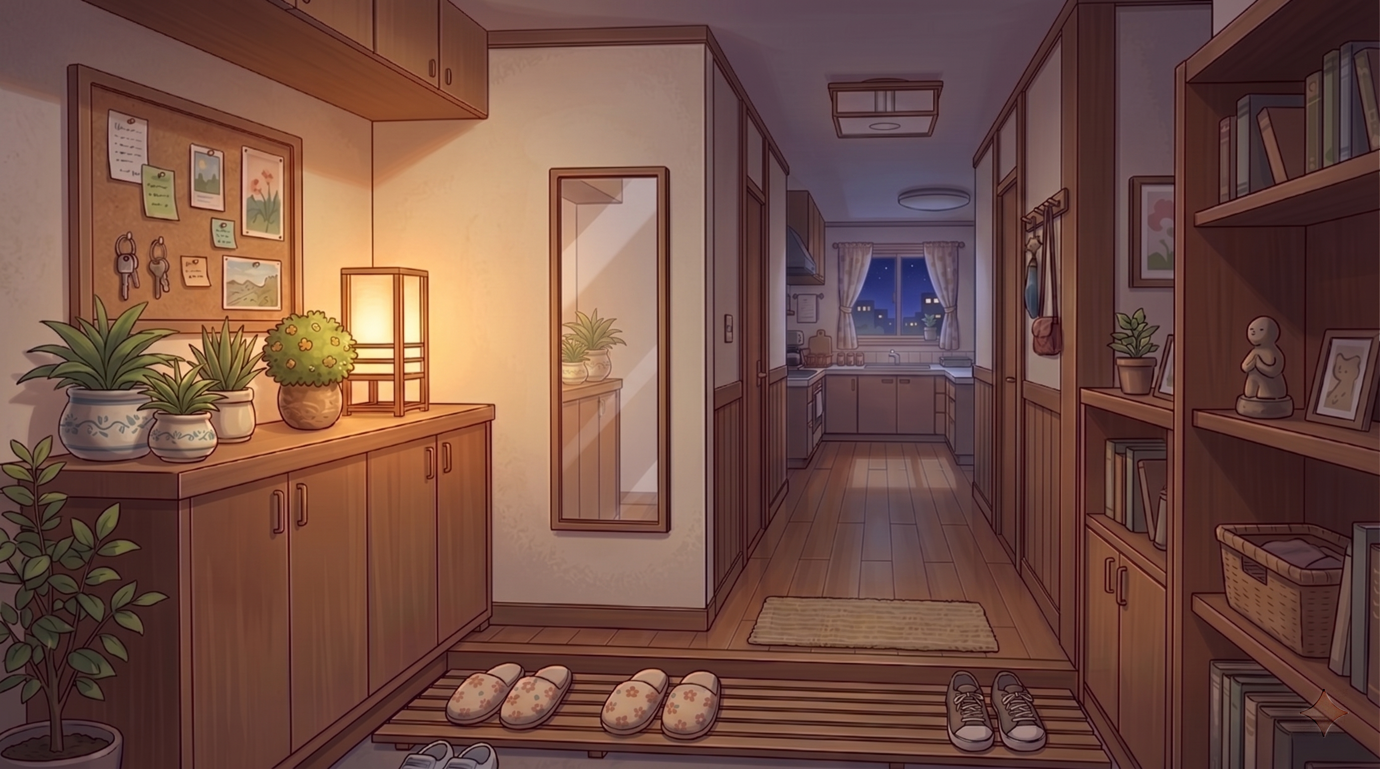 Mochi&rsquo;s apartment entrance at night.