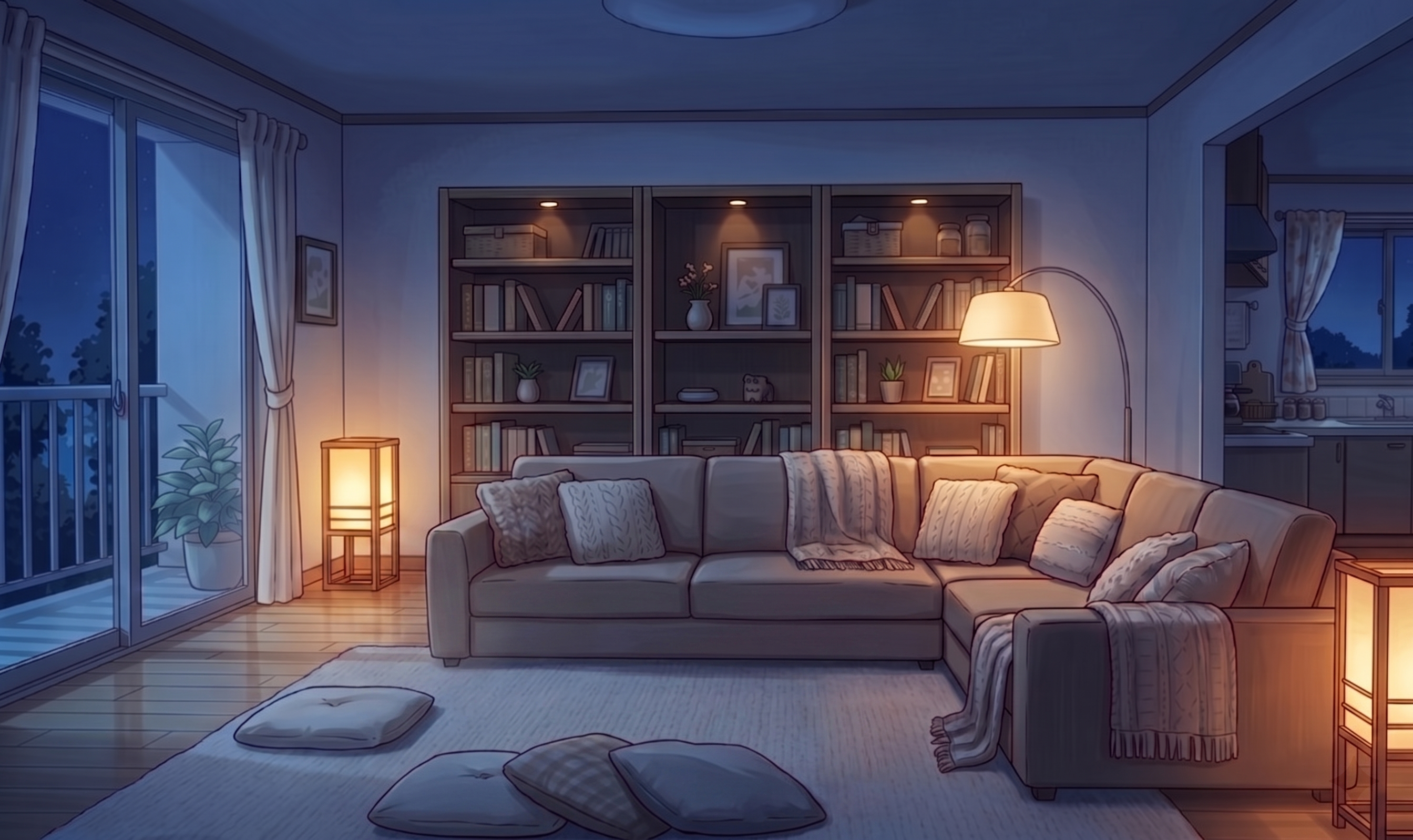 Mochi&rsquo;s warm living room at night.