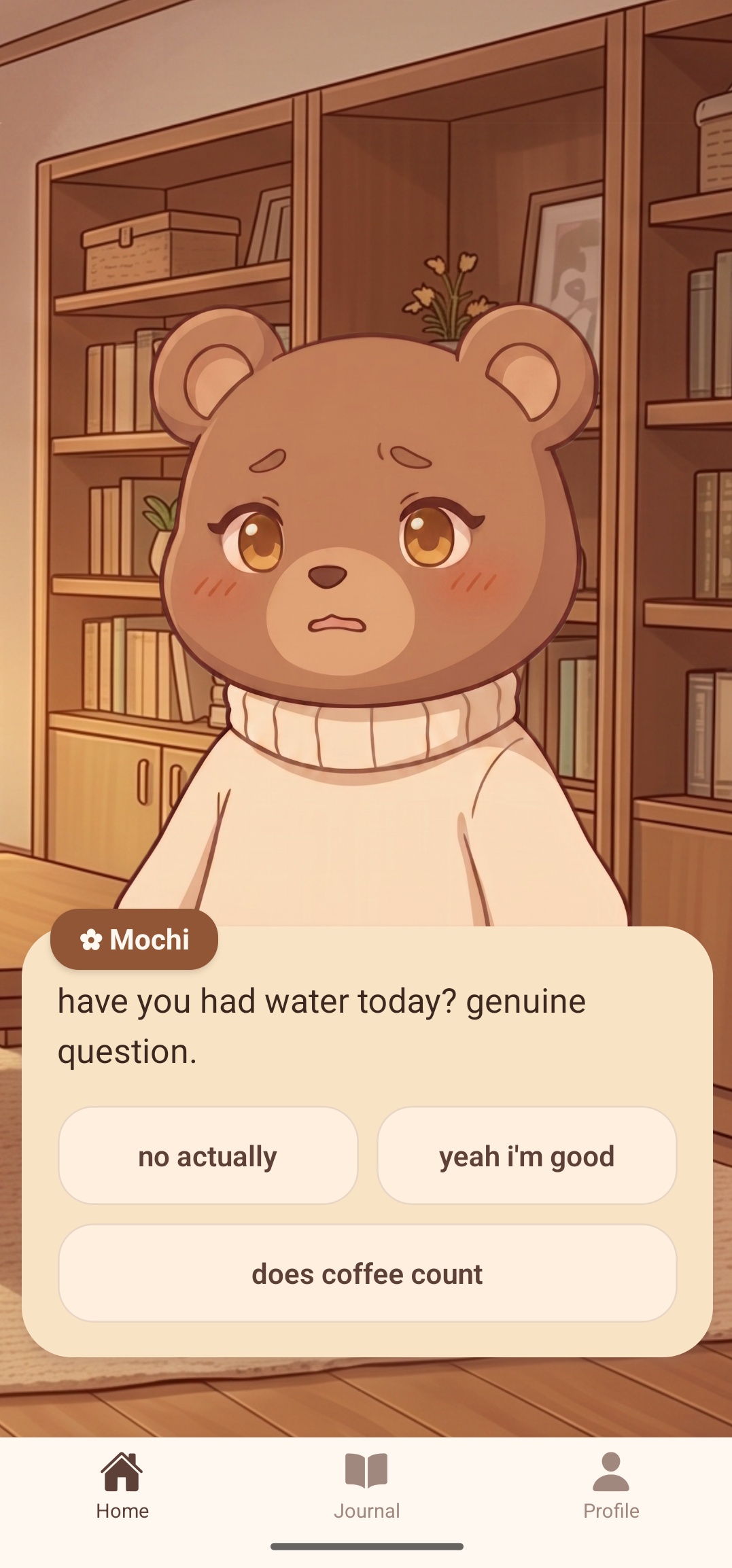 Mochi asking about your water intake with choice buttons