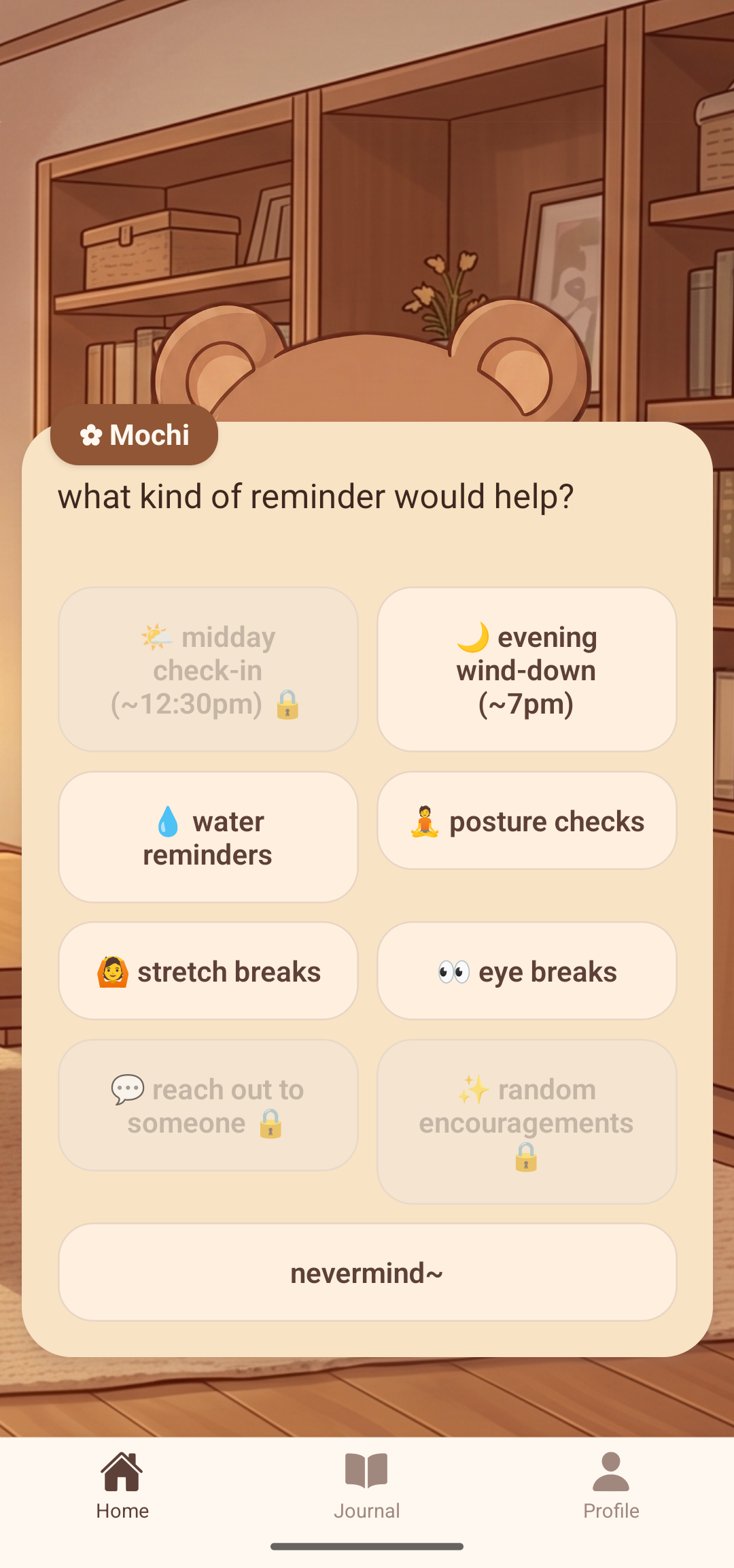 Gentle reminder options including water, posture, and stretch breaks
