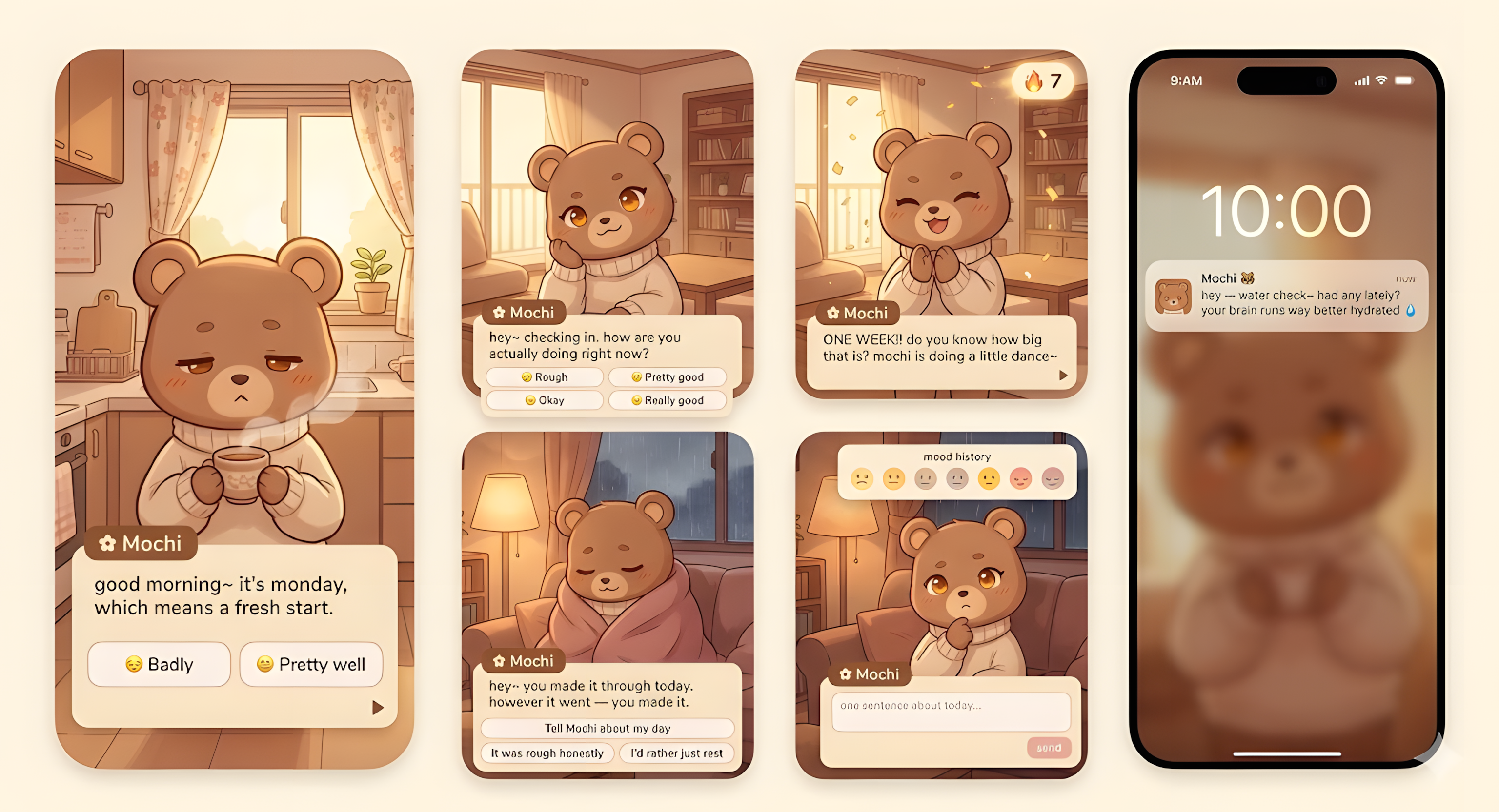 Mochi & Me app screenshots showing daily check-ins, conversations, and gentle reminders
